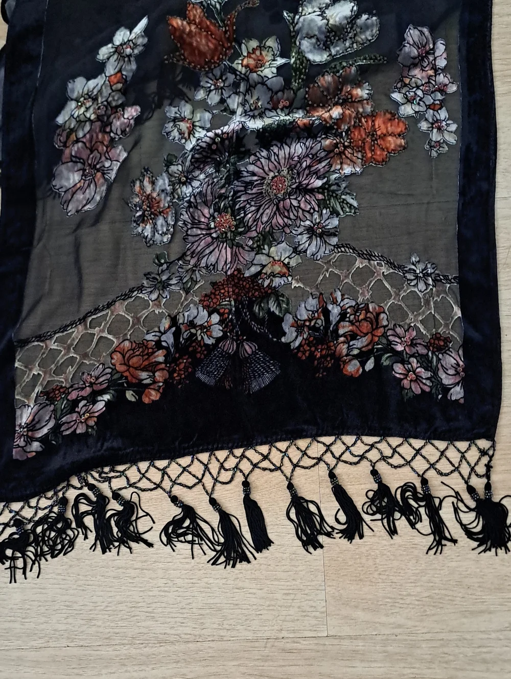Vintage Black Sheer Floral Scarf with Fringe 100% Silk
